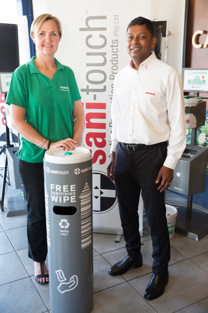 Left – Right: Annette Devenish, Sani-touch marketing director; The Shoprite Group’s Sustainability Manager Sanjeev Raghubir